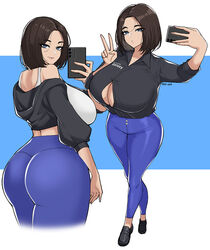 1girls ass big_ass big_breasts big_butt black_hair blue_eyes breasts butt button_gap center_opening drogod_(artist) female female_focus female_only hips huge_ass huge_breasts huge_butt large_ass large_breasts large_butt open_shirt phone samsung samsung_sam selfie short_hair sideboob solo solo_female solo_focus thick thick_ass thick_thighs thighs tight_clothing tight_pants wide_hips