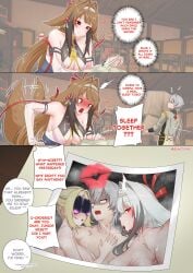 1boy 2d 2d_(artwork) 2girls 3_panel_comic 3koma big_breasts bite_mark bite_mark_on_shoulder bite_marks blonde_female blonde_hair brown_hair english_text ffm_threesome glowing_eyes grey_hair kiss_mark kiss_mark_on_body kiss_mark_on_chest kiss_marks kissing light-skinned_female light-skinned_male light_skin long_ears looking_at_camera mihoyo multicolored_hair pale-skinned_female pale_skin photo photo_(object) red_eyes saliva saliva_trail speech_bubble sunoyukey sweatdrop sweaty_body thiren threesome trigger_(zenless_zone_zero) white_hair wise_(soaring_crane)_(zenless_zone_zero) wise_(zenless_zone_zero) ye_shunguang zenless_zone_zero