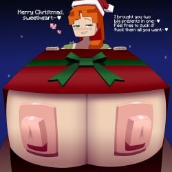 1girls 2025 absurd_res alex_(minecraft) ber00 big_breasts biting_lip blocky_body breasts breasts_bigger_than_head breasts_in_box christmas christmas_headwear english_text enormous_breasts floating_heart gift_box gift_wrapped gigantic_breasts green_eyes half-closed_eyes heart hearts high_resolution highres huge_breasts hyper hyper_breasts large_breasts looking_at_viewer low_poly minecraft orange_hair ponytail present_box red_hair square_head text