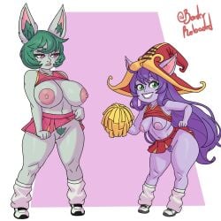2d 2girls borderreloaded busty cheerleader cheerleader_uniform female female_focus female_only hourglass_figure league_of_legends lulu_the_fae_sorceress pointy_ears shortstack tagme vex_(league_of_legends) wide_hips yordle
