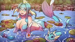 1girls 2021 big_breasts big_butt blue_eyes blue_hair breasts choker cleavage female fins fish_tail gijinka himmely humanized lily_pad long_hair patreon_username pokémon_(species) pokemon pokemon_rgby pond solo swimming vaporeon water wet