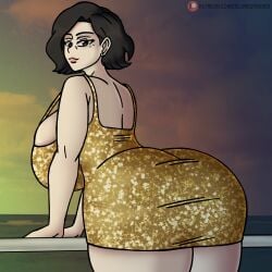 1girl coloredyiddies dress lipstick looking_at_viewer looking_back mei_(coloredyiddies) milf solo thicc