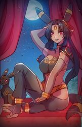 1girls animal_ears arabian_clothes arm_sleeves black_hair black_lipstick bracelet dark_skin female full_moon gijinka hand_behind_head hand_between_legs himmely humanized lipstick pokemon red_eyes sitting solo tail umbreon veil