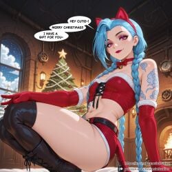 1girls ai_generated amnesiastudios blue_hair boots braided_hair cat_ears cat_tail christmas christmas_outfit christmas_tree crop_top gloves interior jinx_(league_of_legends) league_of_legends lipstick makeup pink_eyes shorts small_breasts solo speech_bubble squatting steampunk winter