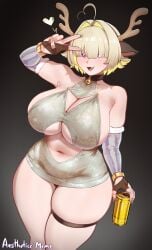 1girls aestheticc-meme bangs_over_eyes blonde_hair breasts clothed clothing elegg_(nikke) fake_horns female female_only goddess_of_victory:_nikke hair_intakes hair_over_eyes hairband holding_object large_breasts light-skinned_female light_skin purple_eyes solo two-tone_hair