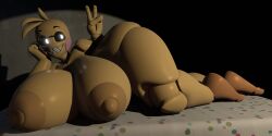 2:1 3d_(artwork) absurd_res animatronic anthro areola avian beakless big_areola big_breasts big_nipples bird breasts chicken dark_areola dark_nipples digital_media_(artwork) female five_nights_at_freddy's five_nights_at_freddy's_2 galliform gesture glistening glistening_body glowing glowing_eyes grin hand_gesture hi_res huge_areola huge_breasts hyper hyper_breasts inside lying lying_on_table machine nipples non-mammal_breasts non-mammal_nipples octal octal_(modeler) on_side phasianid puffy_nipples robot robot_anthro scottgames sharp_teeth smile solo teeth thick_thighs toy_chica_(fnaf) toy_chica_(lewd_hareboy) v_sign wide_hips yellow_body