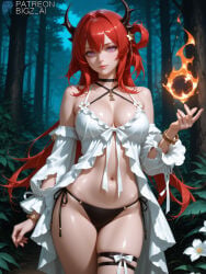 1girls absurd_res ai_generated artist_name big_breasts bigz_ai breasts cleavage curvy curvy_figure female female_only flower highres large_breasts light-skinned_female light_skin outdoors solo solo_female teasing wide_hips forest plant red_hair horn dragon_horns arknights arknights:_endfield surtr_(arknights) surtr_(colorful_wonderland)_(arknights) long_hair babydoll thigh_strap leg_strap bikini panties collar fire magical_girl magic bracelet