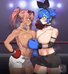 2girls athletic athletic_female blue_eyes blue_hair blush boxing boxing_gloves boxing_match boxing_ring boxing_shorts breasts breasts_pressed_against_partner catfight dif_(difman) difman difmanm eyewear_on_head fight fighting fighting_ring huge_breasts light_skin muscular muscular_female nipples original original_character original_characters pink_eyes pink_hair ribbon ribbon_in_hair staredown strong strong_female strongbid sunglasses symmetrical_docking tagme tan_body thick_thighs thighs topless yuri
