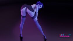 1girls 3d 3d_(artwork) amelie_lacroix backboob bending_over bent_over blender blizzard_entertainment blue_hair blue_skin buttplug female_focus female_only g-string garter_straps high_heels large_breasts miniskirt overwatch pencil_skirt purple_hair purple_skin sanmie3d secretary stockings teasing thong white_shirt widowmaker