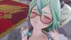 2girls 3d anal_sex animated annoyed_expression blonde_hair blush brown_eyes ears_down ears_up female/female female_focus fox_ears full_version_at_source futa_on_female futanari genshin_impact glasses green_hair hat looking_at_viewer lumine_(genshin_impact) meme pinksama pleasure_face sex_from_behind sound sucrose_(genshin_impact) tagme video