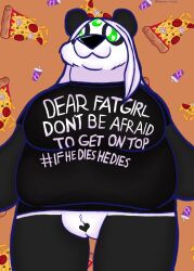 anthro bear beverage black_body black_fur black_nose breasts clothed clothing digital_media_(artwork) english_text female food fur fur_markings genitals giant_panda green_eyes hair hi_res low-angle_view lunarpanda8686 mammal markings meme meme_clothing mika_(lunarpanda8686) pattern_background pizza round_ears shirt simple_background slightly_chubby smile soda solo t-shirt text text_on_clothing text_on_shirt text_on_topwear topwear ursine vulva white_body white_fur white_hair worm's-eye_view