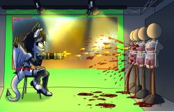 amber_eyes anthro armwear black_hair blood blood_splatter bodily_fluids clothing ear_jewelry elbow_gloves female fingerless_gloves fishnet_clothing fishnet_legwear footwear furniture furred_wings gatling_gun gloves gun gun_arm hair handwear hi_res horn legwear machine_gun mannequin minigun ranged_weapon round_ears sandals shoes shooting_gun sitting solo spade_tail spikes spikes_(anatomy) stool tail topwear unknown_species velatis_ferio_caedo weapon white_body wing_spikes wings zboys