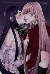 2girls artist_name ass_grab biting biting_lip blue_eyes blue_hair blush bondage breasts breasts_out chains closed_eyes collar gurocchi highres hyakkaou_academy_uniform igarashi_sayaka kakegurui lipstick long_hair looking_at_another makeup medium_breasts momobami_kirari multiple_girls nail_polish nipples panties panties_around_one_leg perky_breasts romantic school_uniform small_breasts socks tears teeth underwear uniform yuri