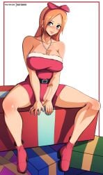 balls bare_shoulders bleach blue_eyes blue_nails boots christmas christmas_outfit female futa_only futanari gift hair_ornament inoue_orihime katsunei littlemedecine necklace penis red_hair ribbon sitting smile solo solo_futa