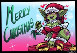 blush blush_lines blushing_at_viewer christmas curly_hair female female_only gift gift_box goblin goblin_female gold_jewelry green_skin heart heart-shaped_pupils large_ass large_breasts large_ears large_thighs mistletoe purple_eyes purple_hair shortstack skimpy skimpy_clothes skimpy_costume sweat teeth_pointy thick_ass thick_lips thick_thighs