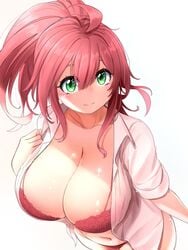 1girls big_breasts bra breasts cleavage green_eyes kaynimatic large_breasts navel pink-haired_girl_(kaynimatic) pink_hair