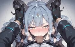 1 1boy 1girls ai_generated arknights bang_dream! bang_dream!_it's_mygo!!!!! blowjob blue_hair blush crossover doctor_(arknights) fellatio grabbing_horns handlebars horns penis pov straight tagme tears togawa_sakiko video yellow_eyes