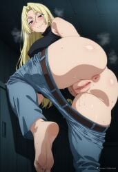 1girls absurdres ai_assisted ai_generated anus ass ass_focus bangs bare_shoulders barefoot belt bent_over black_belt black_shirt blonde_hair blue_eyes blush breasts brown_belt brown_eyes censored cleft_of_venus closed_mouth clothes_pull covered_nipples denim explicit fat_mons feet female female_only from_behind from_below half-closed_eyes high_resolution highres indoors jaggy_lines jeans jujutsu_kaisen kobenibeni large_breasts long_hair looking_at_viewer looking_back mosaic_censoring no_panties on_side pants pants_pull parted_bangs presenting pussy pussy_juice shirt sleeveless sleeveless_turtleneck smell smile soles solo standing steaming_body sweat toes tsukumo_yuki_(jujutsu_kaisen) turtleneck uncensored yuki_tsukumo