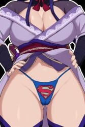 1girls ai_assisted ai_generated black_background breasts crossover dc dc_comics female flashing flashing_panties genshin_impact hair_ornament kimono kimono_lift kimono_pull lifting panties raiden_shogun sexy superman superman_(cosplay) superman_(series) superman_logo themed_clothes thick_thighs thighs thong out_of_frame faceless