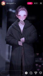 1girl absurdres bandaid bandaid_on_neck bite_mark black_coat black_hair blurry blurry_background blush breasts brown_hair closed_mouth coat collarbone commentary_request ear_piercing english_text exhibitionism fake_phone_screenshot fake_screenshot forehead gonggong_ill hair_ornament hairclip heart heart_tattoo hickey highres korean_commentary long_sleeves looking_at_viewer makeup mole mole_under_eye multicolored_hair naked_coat no_panties original piercing pink_eyes pink_hair public_indecency purple_eyes pussy_juice pussy_juice_trail short_hair solo standing tattoo timestamp trench_coat two-tone_hair user_interface
