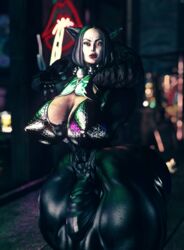 abs bodysuit bulge cat_ears cat_eyes city futa_only futanari geisha heterochromia huge_breasts latex latex_clothing lipstick mature muscular_futanari night second_life slender_waist thesusman thick_thighs