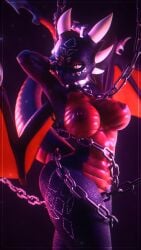 3d_(artwork) 4k 6_horns 9:16 absurd_res activision anthro anthrofied areola black_background breasts chained_collar chains collar cynder dark_areola dark_nipples digital_media_(artwork) dragon eyeshadow female furromantic_(modeler) glistening glistening_body glistening_scales glowing glowing_eyes hand_behind_head hi_res holding_chain holding_object horn looking_at_viewer makeup membrane_(anatomy) membranous_wings multi_horn mythological_creature mythological_scalie mythology nipples non-mammal_breasts non-mammal_nipples pink_eyes pupils purple_body purple_scales purple_wings red_body red_eyeshadow red_membrane red_scales scales scalie simple_background slit_pupils solo springycharna spyro_the_dragon tail wide_hips wings