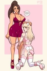 1boy 1femboy 1futa bulge bulge_through_clothing bulge_under_clothes buttplug dress femboy futa/male futanari high_heels male/futa open_mouth pink_horizons sex_toy sex_toy_in_ass speech_bubble text wholesome wholesome_couple