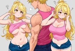 1boy 1girls ? adjusting_hair ai_generated amber_eyes bare_shoulders blonde_hair blowjob breast_grab class_of_'09 cleavage denim denim_shorts female grabbing grabbing_another's_breast grabbing_breasts groping groping_breasts jecka_(class_of_'09) large_breasts long_hair looking_at_viewer muscles navel no_bra no_bra_under_clothes open_fly panties pink_tank_top question_mark short_shorts shorter_female size_difference tank_top tank_top_lift unbuttoned_shorts underwear white_panties