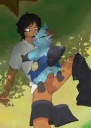 absurd_res animal_genitalia animal_vulva anus biped blac_ears black_tail blush blush_lines bodily_fluids brown_body brown_skin clothed clothing cum cum_in_vagina cum_inside dewott duo female feral generation_5_pokemon genital_fluids genitals grass hi_res human interspecies konen male male/female mammal mouth_closed mustelid nintendo partially_clothed plant pokemon pokemon_(species) pokephilia red_nose size_difference tail vulva whiskers zoophilia