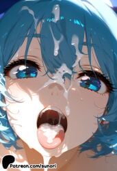 ai_generated blue_eyes blue_hair cirno close-up cum face facial female open_mouth short_hair solo sunori touhou