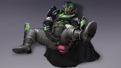 1boy anal anal_sex armor armored_male bad_id bad_twitter_id balls balls_out belt black_armor bodysuit cape green_armor hand_on_penis heart heart_on_ass hi_res holding_heart kamen_rider kamen_rider_geats_(series) kamen_rider_tycoon keiwa_sakurai learntomiao legs_apart legs_spread legs_up lying lying_down male male_focus male_only masturbation object_insertion penis penis_out red_eyes solo tanuki