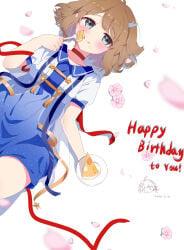 1girl absurdres antlers blue_dress blue_eyes blunt_bangs blush brown_hair cake cake_slice cherry_blossoms choker commentary_request deer_antlers dress eating english_text food fork highres holding holding_fork horns kano_(utaite) petals plate puffy_sleeves red_choker red_ribbon ribbon sailor_dress short_hair simple_background solo star_(symbol) star_print white_background white_dress yu_ling_(linglan97596507)
