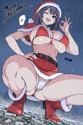 ;d belt bikini black_belt boots breasts building capelet christmas city commentary_request dated female giant giantess hat heart highres house large_breasts looking_at_viewer merry_christmas night one_eye_closed open_mouth original purple_hair red_bikini red_boots red_capelet red_hat santa_bikini santa_costume santa_hat seo_tatsuya smile snow solo spoken_heart squatting swimsuit teeth twitter_username upper_teeth_only