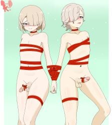 2boys 2femboys adults balls blush choker christmas deepbootykid freckles freminet_(genshin_impact) gay genshin_impact hair_over_one_eye hands_behind_back holding_hands lyney_(genshin_impact) male male_only nude nude_femboy nude_male penis ribbon_bondage ribbon_choker ribbon_on_penis thigh_strap tongue_out
