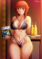 1girl alcohol blush bottle bow bow_bra bow_panties box bra breasts champagne champagne_bottle cleavage collarbone doorway drink female female_only floral_print handheld_game_console highleg highleg_panties holding holding_box holding_tray lace lace-trimmed_bra lace-trimmed_panties lace_trim large_breasts looking_at_viewer naomi_kokoro navel nintendo original panties print_bra print_panties purple_bow purple_bra purple_eyes purple_panties red_hair short_hair smile standing table tray underwear yukino_memories zel-sama