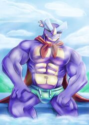 abs bara big_chest big_pecs brawl_stars buff bulge chest dinosaur huge huge_chest huge_pecs huge_thighs muscular pecs pierce_(brawl_stars) pool pool_side sexy sitting speedo thick_thighs
