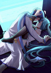 1boy black_footwear black_skirt black_sleeves blue_hair blush boots closed_eyes detached_sleeves female hand_in_another's_hair hatsune_miku implied_sex kaito_(vocaloid) long_hair long_sleeves lying miniskirt missionary on_back pleated_skirt romantic romantic_sex salovesy see-through shirt short_hair skirt sleeveless sleeveless_shirt straight sweatdrop thigh_boots thighhighs twintails very_long_hair vocaloid white_shirt