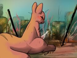 4:3 absurd_res artist_name blush bodily_fluids closed_eyes cum cum_on_penis feral genital_fluids genitals hi_res hunter_(rain_world) l3st male masturbation orgasm penis rain_world red_body signature sitting slugcat solo sweat sweatdrop tapering_penis text videocult wounded