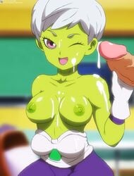 1boy 1boy1girl 1girls absurd_res big_breasts big_penis broly broly_(dragon_ball_super) cheelai clothed cum cum_on_body cum_on_breasts cum_on_face cum_on_upper_body cumshot dragon_ball dragon_ball_super ejaculating_cum ejaculation ejaculation_between_breasts faceless_male female green_skin half-dressed half_naked large_penis naked nipples purple_eyes space-panda white_hair whutd00d