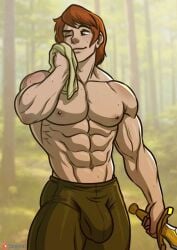 1boy abs biceps brown_hair brown_pants clothing disney eye_closed forest_background human kappax male male_only massive_bulge massive_muscles muscular_male nipples patreon patreon_logo patreon_username six_pack solo sweaty_body sword sword_in_hand tagme taran the_black_cauldron towel triceps