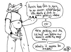andromorph anthro big_clitoris birth bottomless canid canine clitoris clothed clothing dialogue english_text feral gastropod genitals infestation intersex knife looking_at_viewer male mammal mollusk parasite qwaxi~lixard slug solo text threatening_with_weapon trans_(lore) trans_man_(lore)