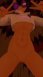 black_hair black_sclera corrin_asumi double_peace_sign heterochromia laying_down laying_on_bed purple_eye purple_nails small_jacket smug_grin underboob vrchat vrchat_avatar yellow_eye
