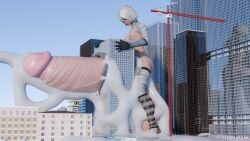 1futa 3d balls balls_bigger_than_head breasts ceraph_keilah city cum cum_flood cumshot ejaculation futa_giantess futa_only futanari giantess huge_balls huge_cock hyper hyper_balls hyper_penis light-skinned_futa light_skin macro nier nier:_automata nipples nude nude_futa penis short_hair small_breasts solo testicles white_hair yorha_a2
