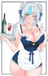 blue_eyes blue_hair_ribbon commission earrings holding_tray looking_at_viewer lucid_multimedia maid_apron maid_headdress maid_outfit necklace pantyhose prism_project rita_kamishiro room_service simple_background virtual_youtuber vtuber white_hair wine_bottle wine_glass