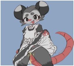 american_opossum anthro belly_nipples blush blush_lines bodily_fluids camel_toe chaosferret clothed clothing clothing_lift female genital_fluids hi_res lupo_(lupopossum) maid_uniform mammal marsupial panties solo tongue tongue_out toony underwear uniform urine virginia_opossum watersports wetting
