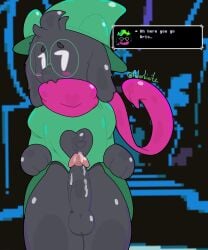 2026 adorbinite artist_name artist_signature black_fur clothes_lift cock dark_body darkner deltarune dripping dripping_precum dripping_semen glasses glasses_on_face kris_(deltarune) male male_only nervous offscreen_character offscreen_male partially_clothed penis procreate_(software) ralsei ralsei_(deltarune) ralsei_with_black_fur scarf scarf_over_mouth sprite text text_box white_eyes