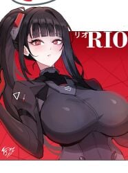 1girls bangs black_hair blue_archive breasts character_name female female_only halo large_breasts ponytail red_background red_eyes revolverwingstudios rio_(armed)_(blue_archive) rio_(blue_archive) side_ponytail solo