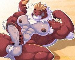 abs anthro anthrofied balls barazoku biceps big_balls big_muscles big_pecs big_penis digital_media_(artwork) dinosaur erection flexing flexing_bicep fossil_pokemon fur generation_6_pokemon genitals glans hand_on_penis hi_res huge_pecs humanoid_genitalia humanoid_penis looking_at_viewer lying male muscular muscular_anthro muscular_male neck_tuft nintendo nipples nude on_back open_mouth ougon pecs penis pokemon pokemon_(species) prehistoric_species pubes red_body red_scales reptile scales scalie simple_background solo tail tuft tyrantrum vein veiny_penis white_armpit_hair white_body white_fur white_pubes