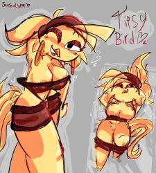 big_ass big_breasts bird blushing clothed earrings five_nights_at_frickbears five_nights_at_frickbears_3 lying_on_back lying_on_bed revealing_clothes sensealwm simple_background simple_shading sketch tail tipsy_bird_(frickbears_3) unclothed
