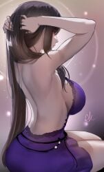 1girls arialla_draws big_breasts black_hair breasts dress female final_fantasy final_fantasy_vii large_breasts long_hair purple_dress red_eyes sideboob tifa_lockhart tying_hair